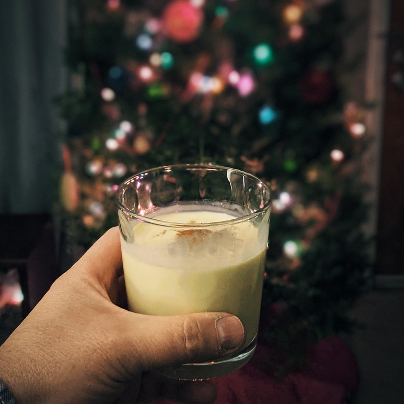 Egg nog in front of the Xmas tree